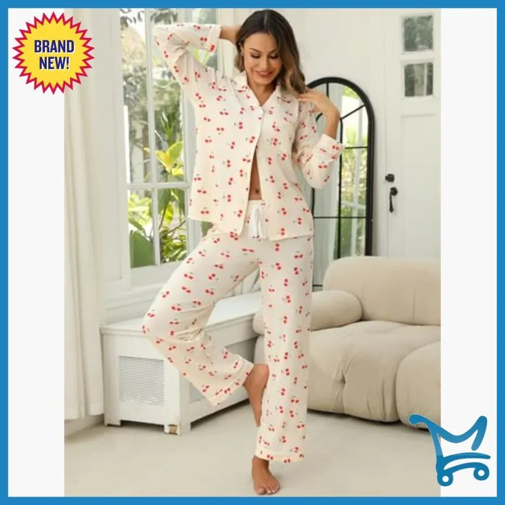 Long Sleeve Pajama Set with Button-Up Shirt and Drawstring Pants, Loose Fit